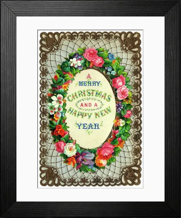 Framed Print : Assorted flowers on a Christmas and New Year card, with a decorative gold and white border. Date: circa 1890s Framed Print : Assorted flowers on a Christmas and New Year card, with a decorative gold and white border. Date: circa 1890s