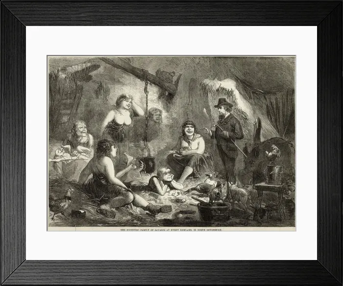 Framed Print : A family of savages living at Nymet Rowland in North Devon, England, chatting with a civilised visitor. Date: 1871 Framed Print : A family of savages living at Nymet Rowland in North Devon, England, chatting with a civilised visitor. Date: 1871