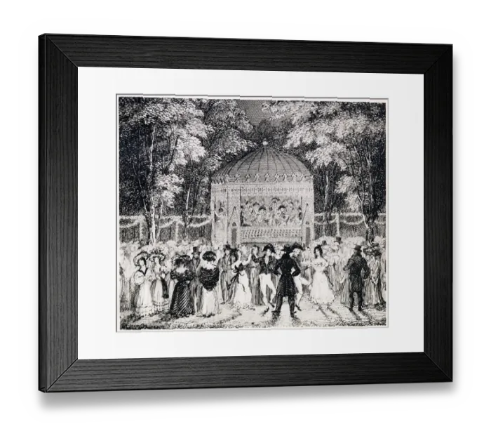 Framed Print : Vauxhall Gardens, people enjoying the music coming form the bandstand. Date: 1800 Framed Print : Vauxhall Gardens, people enjoying the music coming form the bandstand. Date: 1800