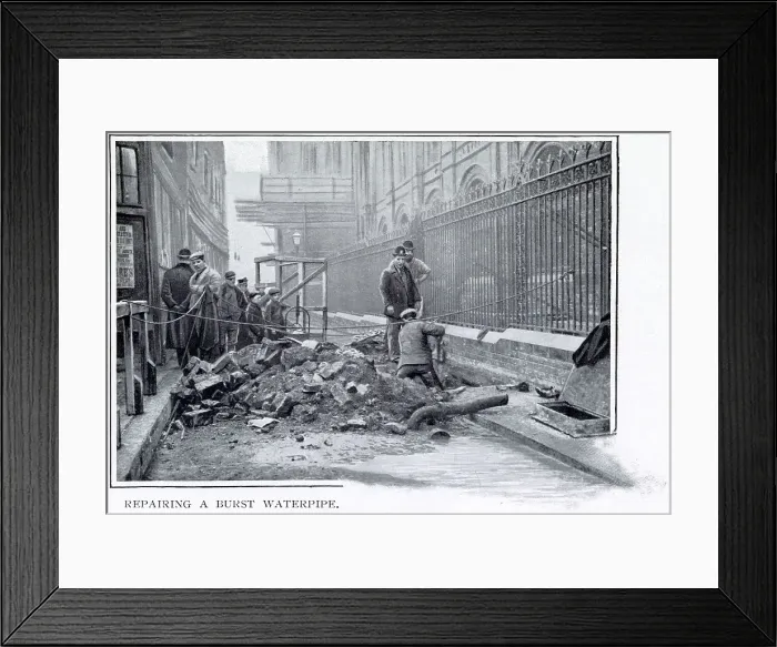 Framed Print : Labour digging up a narrow road for repairs on a burst waterpipe in London. Date: 1901 Framed Print : Labour digging up a narrow road for repairs on a burst waterpipe in London. Date: 1901