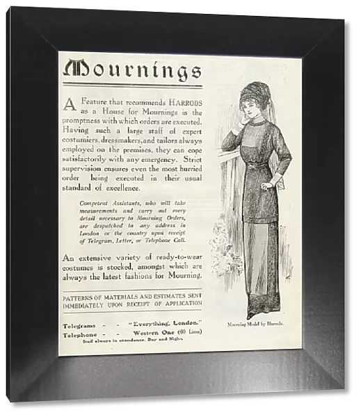 Harrods mail order service for mourning costumes. Date: 1909