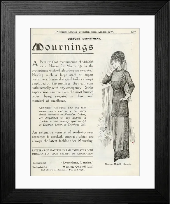 Framed Print : Harrods mail order service for mourning costumes. Date: 1909