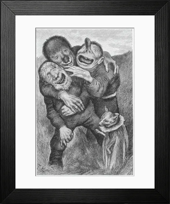 Framed Print : Three trolls laughing at a fox dressed up as a priest ! Date: 1887 Framed Print : Three trolls laughing at a fox dressed up as a priest ! Date: 1887