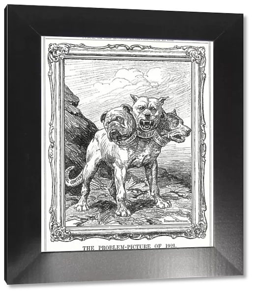 Cartoon, The Problem-Picture of 1921, showing the Triple Alliance of Railways, Mines and Transport as Cerberus, the three-headed dog. Date: 1921