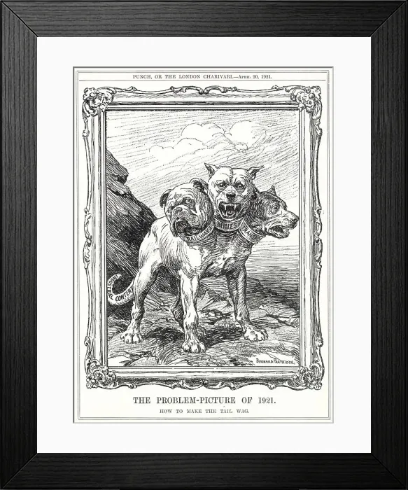 Framed Print : Cartoon, The Problem-Picture of 1921, showing the Triple Alliance of Railways, Mines and Transport as Cerberus, the three-headed dog. Date: 1921 Framed Print : Cartoon, The Problem-Picture of 1921, showing the Triple Alliance of Railways, Mines and Transport as Cerberus, the three-headed dog. Date: 1921