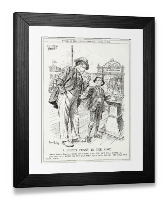 Framed Print : Cartoon, A Pretty Penny in the Slot -- Baldwin asks John Bull for national investment in mines. Following the mine-owners reduction of their workers wages Framed Print : Cartoon, A Pretty Penny in the Slot -- Baldwin asks John Bull for national investment in mines. Following the mine-owners reduction of their workers wages