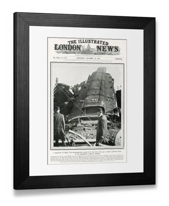 Framed Print : Shrewsbury rail accident, showing the roof of the Great Western Railway coach which was piled up on the top of the engine when train left the rails. Date: October 1907 Framed Print : Shrewsbury rail accident, showing the roof of the Great Western Railway coach which was piled up on the top of the engine when train left the rails. Date: October 1907