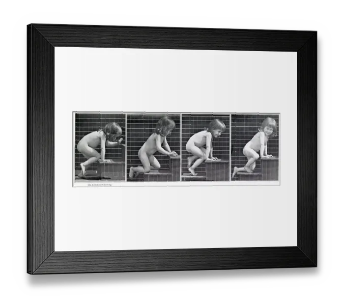 Framed Print : CHILD CLIMBING STEPS ON HANDS AND KNEES (sequence of four) Date: 1887