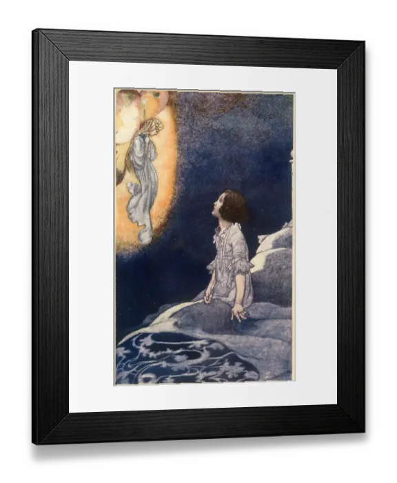 Framed Print : Margaret, in bed at night, is visited by a fairy Date: early 20th century Framed Print : Margaret, in bed at night, is visited by a fairy Date: early 20th century