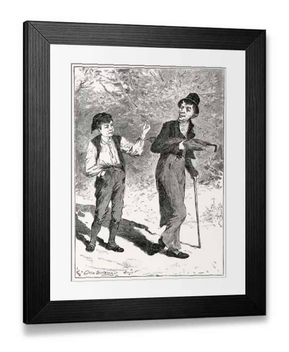 Framed Print : A crafty Norwegian lad outwits a simple-minded devil by tricking him into jumping into a nutshell, in which he is at once imprisoned. Date: 1879 Framed Print : A crafty Norwegian lad outwits a simple-minded devil by tricking him into jumping into a nutshell, in which he is at once imprisoned. Date: 1879