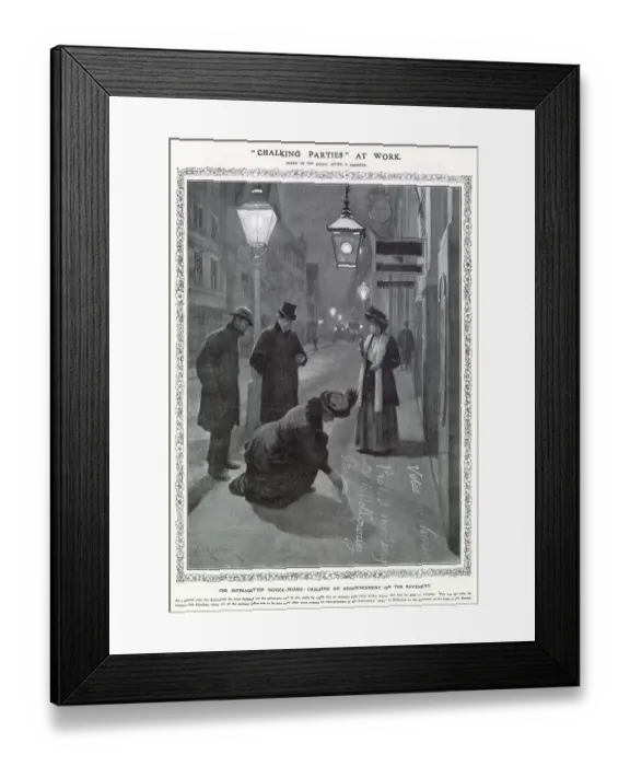 Framed Print : A Suffragette publicises a protest meeting by chalking it onto a pavement. Date: 1908 Framed Print : A Suffragette publicises a protest meeting by chalking it onto a pavement. Date: 1908