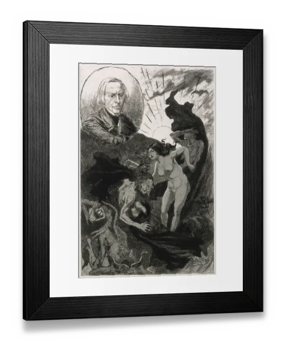 Framed Print : Frontispiece to Michelet's LA SORCIERE [1911 edition] with portrait of the author and a depiction of sensational goings-on, matching his somewhat extravagant text Date: 1911