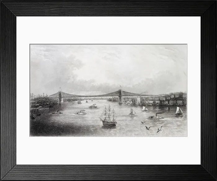Framed Print : New York: view of the East River Bridge (Brooklyn Bridge). New York approach on the left of the image; Brooklyn approach on the right. Date: C. 1883 Framed Print : New York: view of the East River Bridge (Brooklyn Bridge). New York approach on the left of the image; Brooklyn approach on the right. Date: C. 1883