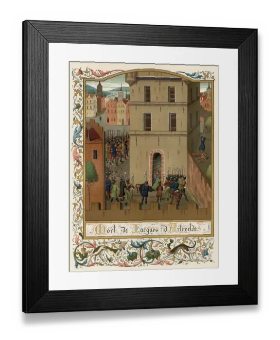 Framed Print : Jacob van Artevelde, Flemish statesman siding with England against the French, is murdered during a riot at Ghent. Date: 1345 Framed Print : Jacob van Artevelde, Flemish statesman siding with England against the French, is murdered during a riot at Ghent. Date: 1345
