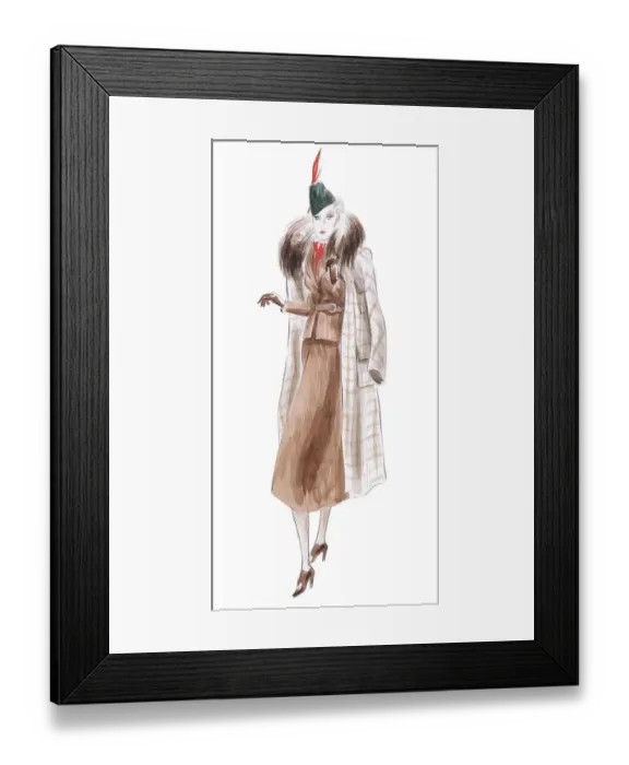 Framed Print : Typical Autumn day citywear - a sporty suit worn underneath a fur coloured sportscoat with a feathered hat. Date: circa 1930 Framed Print : Typical Autumn day citywear - a sporty suit worn underneath a fur coloured sportscoat with a feathered hat. Date: circa 1930