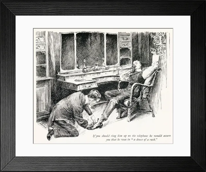 Framed Print : While a young gentleman conducts his social affairs by telephone, his man fastens his spats over his boots, preparatory to going out Date: 1904 Framed Print : While a young gentleman conducts his social affairs by telephone, his man fastens his spats over his boots, preparatory to going out Date: 1904