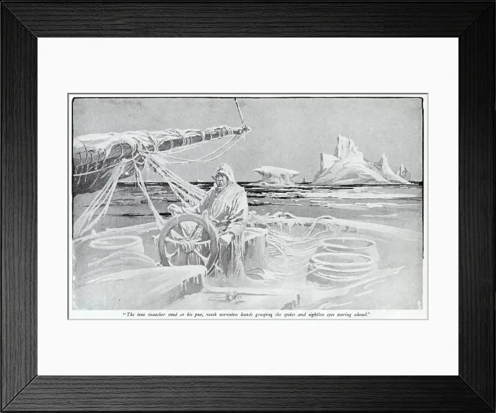 Framed Print : This derelict sailing vessel was found by the sealer Ariebis ; the captain, lashed to the helm, had frozen to death Date: 1905 Framed Print : This derelict sailing vessel was found by the sealer Ariebis ; the captain, lashed to the helm, had frozen to death Date: 1905
