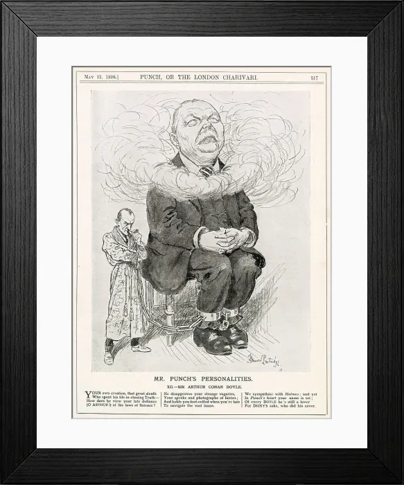 Framed Print : Cartoon portrait, SIR ARTHUR CONAN DOYLE (1859 - 1930), writer, caricatured with his head in the clouds and with manacles on his ankles, chained to a small Sherlock Holmes figure standing alongside Framed Print : Cartoon portrait, SIR ARTHUR CONAN DOYLE (1859 - 1930), writer, caricatured with his head in the clouds and with manacles on his ankles, chained to a small Sherlock Holmes figure standing alongside