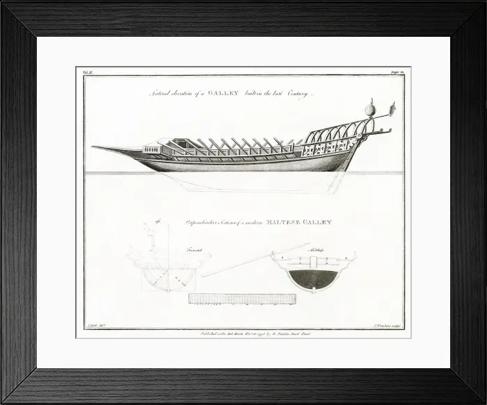 Framed Print : Plan diagrams of a Maltese Galley. Date: 17th Century Framed Print : Plan diagrams of a Maltese Galley. Date: 17th Century