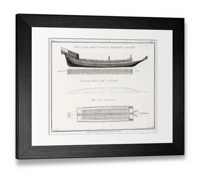 Framed Print : Plans and sections of a Maltese Galley. Date: late 17th century Framed Print : Plans and sections of a Maltese Galley. Date: late 17th century