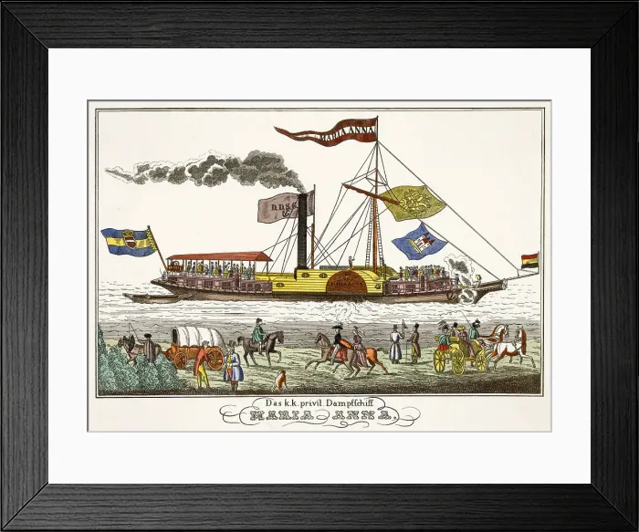 Framed Print : A German steamship with many flags flying attracts the attention of people on the river bank. Date: circa 1830 Framed Print : A German steamship with many flags flying attracts the attention of people on the river bank. Date: circa 1830