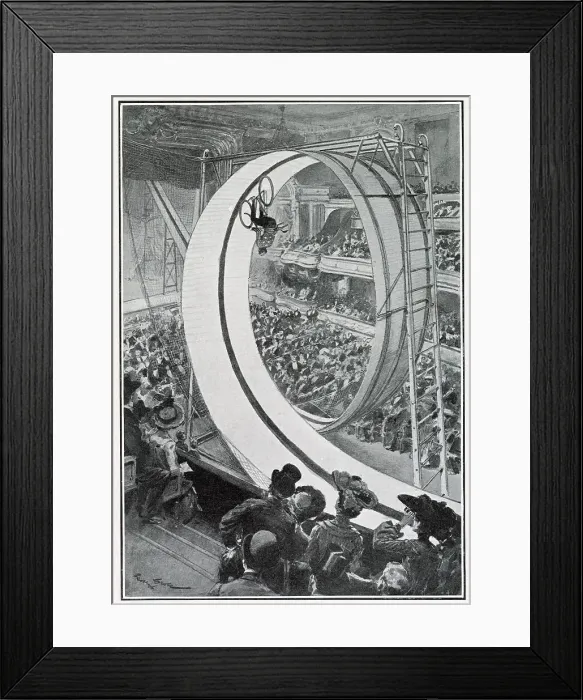 Framed Print : Cyclist Vanderwoort loops the loop at the Olympia Music Hall, Paris. Date: 1903 Framed Print : Cyclist Vanderwoort loops the loop at the Olympia Music Hall, Paris. Date: 1903