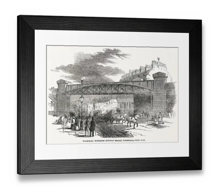 Framed Print : Blackwall Extension Railway Bridge over the Commercial-Road East. The new link in the metropolitan system of railways was to bring the Eastern Counties and other lines terminating at Shoreditch. Date: 1849 Framed Print : Blackwall Extension Railway Bridge over the Commercial-Road East. The new link in the metropolitan system of railways was to bring the Eastern Counties and other lines terminating at Shoreditch. Date: 1849
