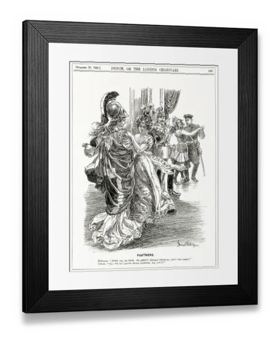 Framed Print : Partners - Britannia and the Colonies dance together while Tsar Nicholas II dances with Madame France; Wilhelm II of Germany looks on. Date: 1901 Framed Print : Partners - Britannia and the Colonies dance together while Tsar Nicholas II dances with Madame France; Wilhelm II of Germany looks on. Date: 1901
