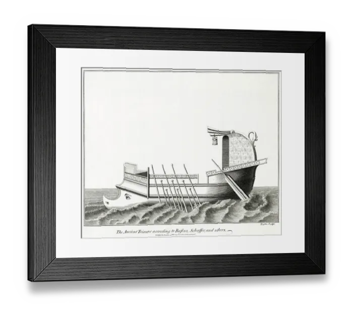 Framed Print : A TRIREME (three banks of oars) The larger oar at the stern is for steering ; note also the lantern, and the hooked prow for ramming an enemy vessel Framed Print : A TRIREME (three banks of oars) The larger oar at the stern is for steering ; note also the lantern, and the hooked prow for ramming an enemy vessel
