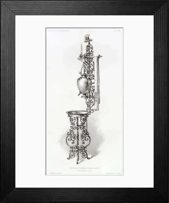 Framed Print : An elegant wash-stand from the Italian Renaissance, with its washbowl, ewer with tap to provide water, towel to dry your hands, and a candle to see what you are doing Date: circa 16th century Framed Print : An elegant wash-stand from the Italian Renaissance, with its washbowl, ewer with tap to provide water, towel to dry your hands, and a candle to see what you are doing Date: circa 16th century