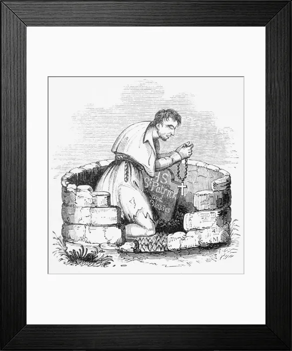 Framed Print : AN IRISH PENITENT A pious Irish pilgrim to Saint Patrick's Purgatory, Lough Dergh (Donegal), tells his beads in one of the seven Saints Beds on the island Date: 1847 Framed Print : AN IRISH PENITENT A pious Irish pilgrim to Saint Patrick's Purgatory, Lough Dergh (Donegal), tells his beads in one of the seven Saints Beds on the island Date: 1847