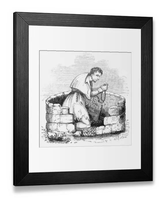 Framed Print : An Irish pilgrim to SAINT PATRICK'S PURGATORY, in Lough Dergh, sits in Saint Bridget's Chair, knowing that by doing so he is forever protected from accident and sudden death Date: 1847 Framed Print : An Irish pilgrim to SAINT PATRICK'S PURGATORY, in Lough Dergh, sits in Saint Bridget's Chair, knowing that by doing so he is forever protected from accident and sudden death Date: 1847