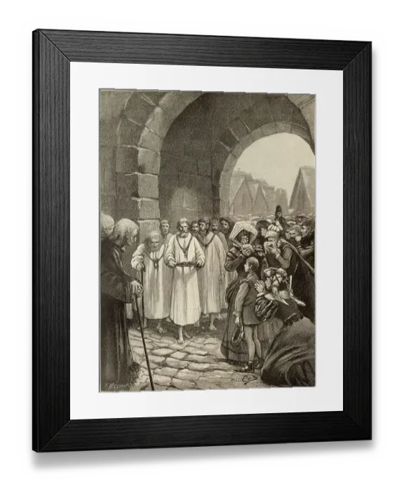 Framed Print : During the Siege of Calais by Edward III, six burghers offer themselves as ransom for their fellow-citizens : his wife Philippa intercedes, and their lives are spared Date: 1346 / 1347 Framed Print : During the Siege of Calais by Edward III, six burghers offer themselves as ransom for their fellow-citizens : his wife Philippa intercedes, and their lives are spared Date: 1346 / 1347