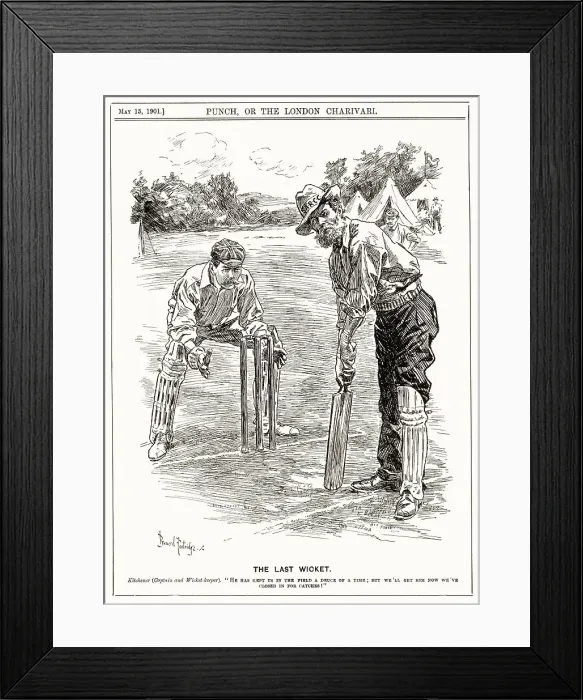 Framed Print : Cartoon, The Last Wicket - The Boer War is compared to cricket with a Boer batting and Kitchener as wicket keeper. Date: 1901 Framed Print : Cartoon, The Last Wicket - The Boer War is compared to cricket with a Boer batting and Kitchener as wicket keeper. Date: 1901