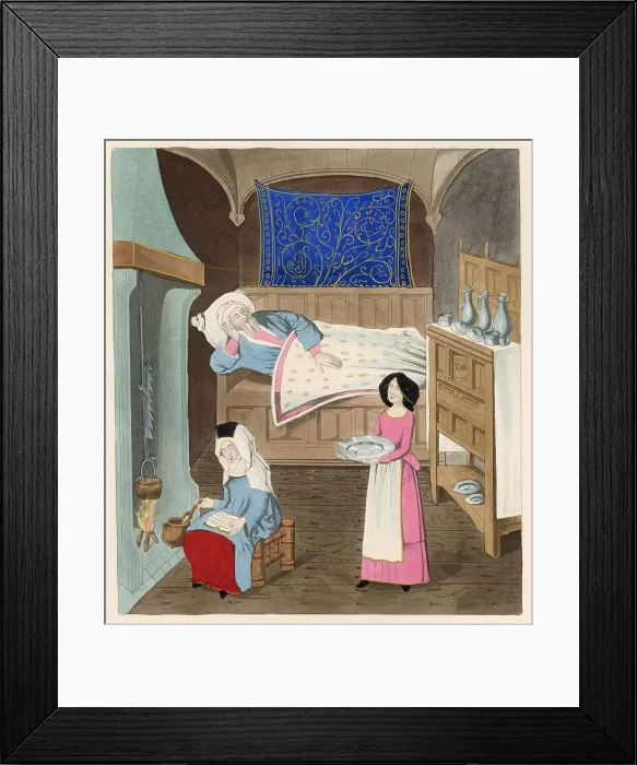 Framed Print : A bedchamber : an elderly man lies in bed, while his wife reads to him some comforting scriptures and a maidservant prepares to bring him some even more comforting hot soup Date: circa 1470 Framed Print : A bedchamber : an elderly man lies in bed, while his wife reads to him some comforting scriptures and a maidservant prepares to bring him some even more comforting hot soup Date: circa 1470
