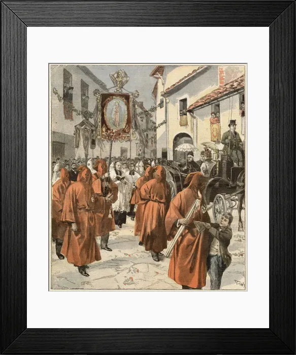 Framed Print : At Nice, France, a procession of Red Penitents is watched by Victoria, queen of England, from her carriage Date: 1898 Framed Print : At Nice, France, a procession of Red Penitents is watched by Victoria, queen of England, from her carriage Date: 1898