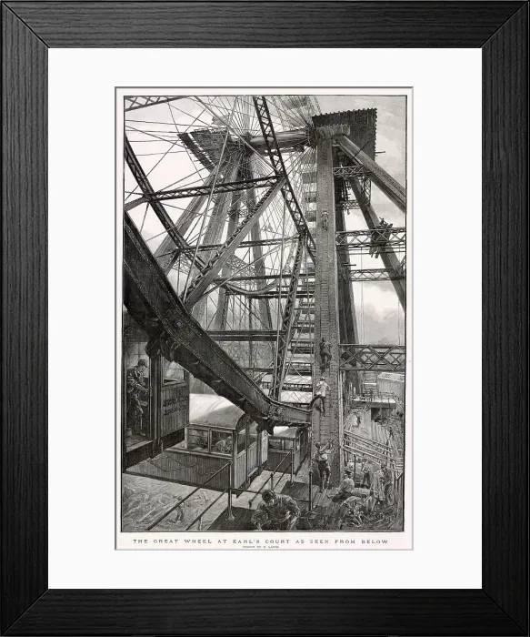 Framed Print : The Great Wheel at Earl's Court, London, seen from below: the cabin on the left is a Smoking Saloon, a feature not found on more recent wheels Date: 1895 Framed Print : The Great Wheel at Earl's Court, London, seen from below: the cabin on the left is a Smoking Saloon, a feature not found on more recent wheels Date: 1895