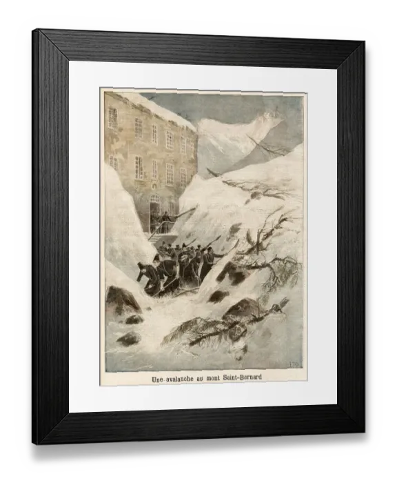 Framed Print : The monks of Saint-Bernard clear snow after an avalanche blocks the pass and prevents access to their monastery Date: 1897 Framed Print : The monks of Saint-Bernard clear snow after an avalanche blocks the pass and prevents access to their monastery Date: 1897