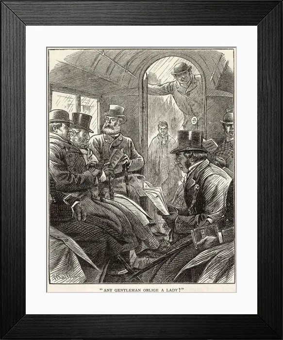 Framed Print : Any gentleman oblige a lady? The gentlemen observe one another, wondering if any will volunteer to give up his snug inside seat to go on top, in the cold and the rain Date: 1885 Framed Print : Any gentleman oblige a lady? The gentlemen observe one another, wondering if any will volunteer to give up his snug inside seat to go on top, in the cold and the rain Date: 1885