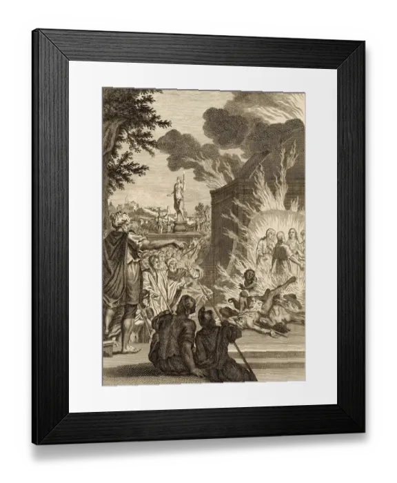 Framed Print : Babylonian court official SHADRACH, together with ABEDNEGO and MESHACH, are thrown into a fiery furnace when they refuse to bow before a gold image of Nebuchadnezzar Date: circa 550 BC Framed Print : Babylonian court official SHADRACH, together with ABEDNEGO and MESHACH, are thrown into a fiery furnace when they refuse to bow before a gold image of Nebuchadnezzar Date: circa 550 BC