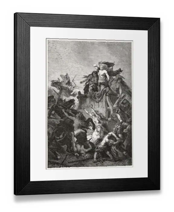Framed Print : German women fight to the death to defend the Wagon barricade against the attacking Romans Date: circa 1 AD Framed Print : German women fight to the death to defend the Wagon barricade against the attacking Romans Date: circa 1 AD