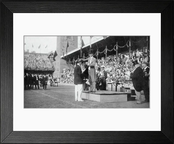 Framed Print : Presentation of medals to the 100 metre men. Date: 1912 Framed Print : Presentation of medals to the 100 metre men. Date: 1912