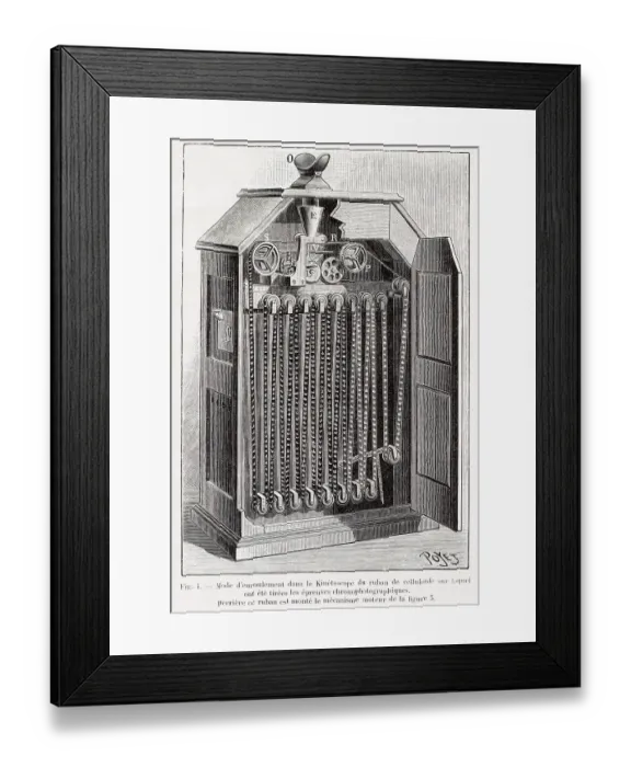 Framed Print : EDISON'S KINETOSCOPE Reproducing to the eye the effect of human motion by means of a swift and graded succession of pictures'. Date: 1894 Framed Print : EDISON'S KINETOSCOPE Reproducing to the eye the effect of human motion by means of a swift and graded succession of pictures'. Date: 1894