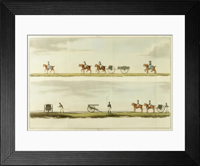 Framed Print : Congreve rocket carriages in transit and in action Date: 1827 Framed Print : Congreve rocket carriages in transit and in action Date: 1827