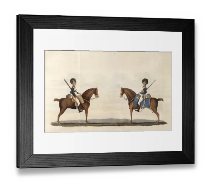 Framed Print : Two mounted troops from the British Army Rocket Brigade created in 1818 after the success of Congreve's rocket introduced in 1804 Date: 1827 Framed Print : Two mounted troops from the British Army Rocket Brigade created in 1818 after the success of Congreve's rocket introduced in 1804 Date: 1827