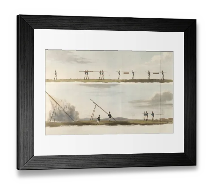 Framed Print : The conveyance and firing of Congreve rockets by infantrymen Date: 1827 Framed Print : The conveyance and firing of Congreve rockets by infantrymen Date: 1827