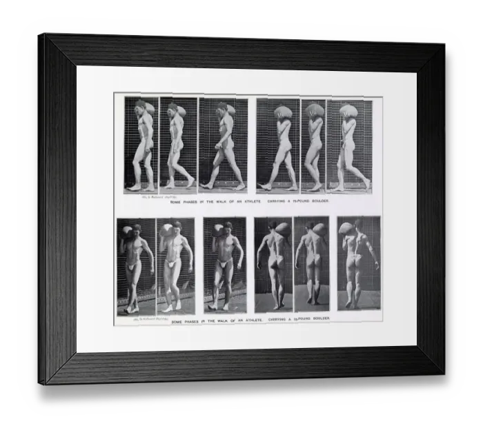 Framed Print : Sequences of man walking carrying a 30 kg stone on his shoulder. Date: 1880s Framed Print : Sequences of man walking carrying a 30 kg stone on his shoulder. Date: 1880s