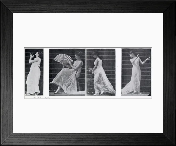 Framed Print : Woman in a long dress with a fan, or making other movements. Date: 1887 Framed Print : Woman in a long dress with a fan, or making other movements. Date: 1887