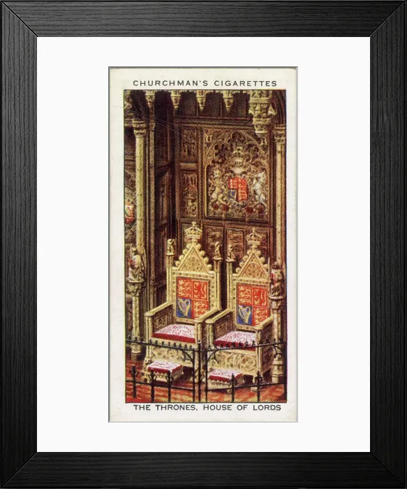 Framed Print : HOUSE OF LORDS The Thrones, under an elaborately panelled and tabernacled canopy - a new chair is made for each successive monarch Date: 1850 Framed Print : HOUSE OF LORDS The Thrones, under an elaborately panelled and tabernacled canopy - a new chair is made for each successive monarch Date: 1850