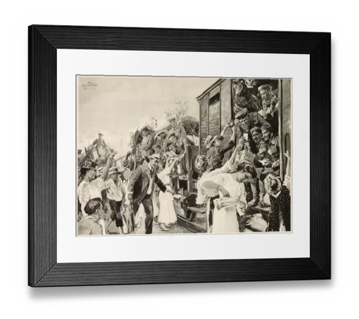 Framed Print : As war breaks out, German soldiers are speeded to death or glory by their loved ones Date: 1914